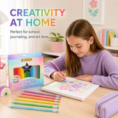Color Freely, Erase Instantly! 50-Color No-Roll Erasable Pencils