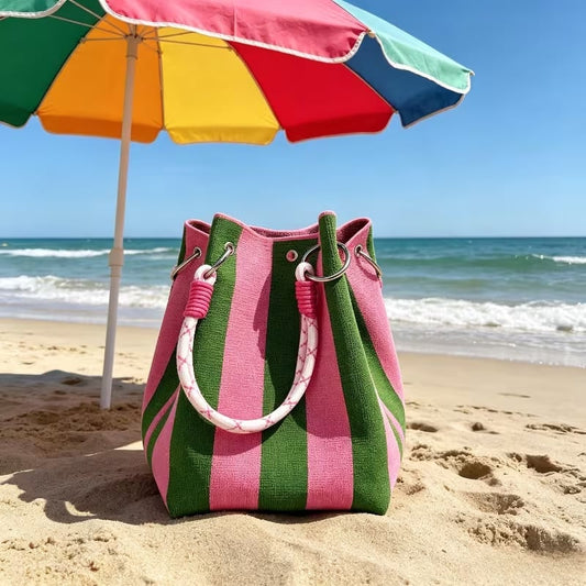 🏆👜 Limited-Time Sale: 50% OFF🌴Boho Striped Knit Bucket Handbag for Women – Handmade Summer Beach Shoulder Bag