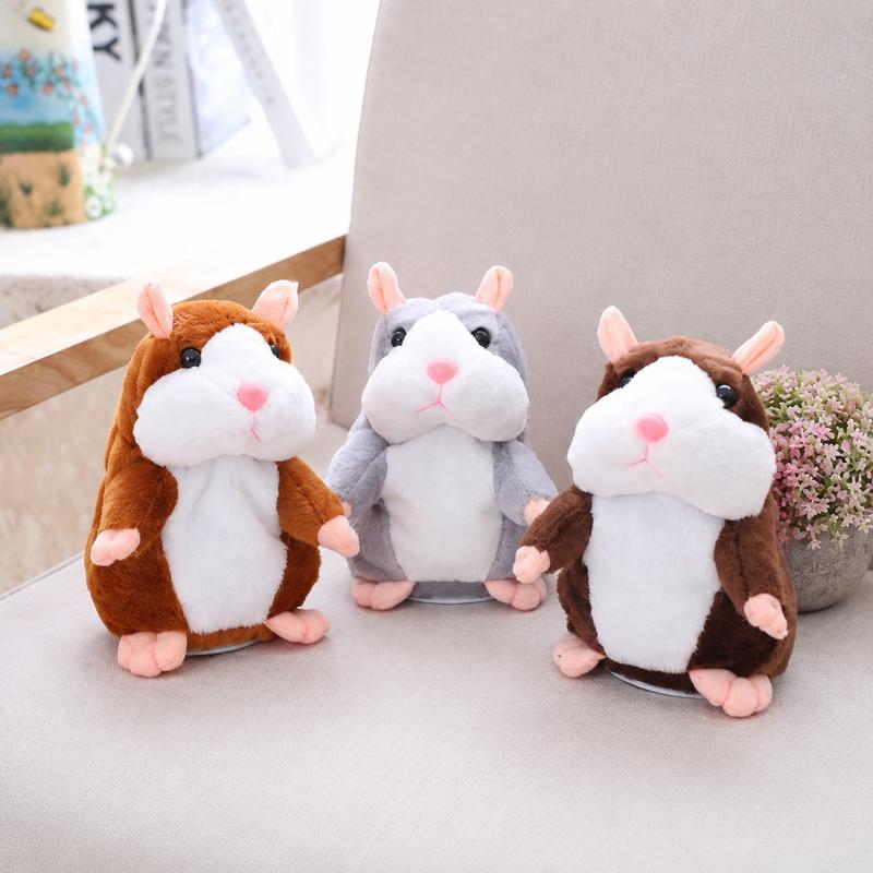 Talking hamster plush toys in light brown, gray and dark brown