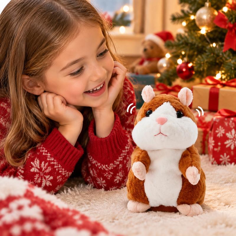 A child smiling at a talking hamster plush during Christmas