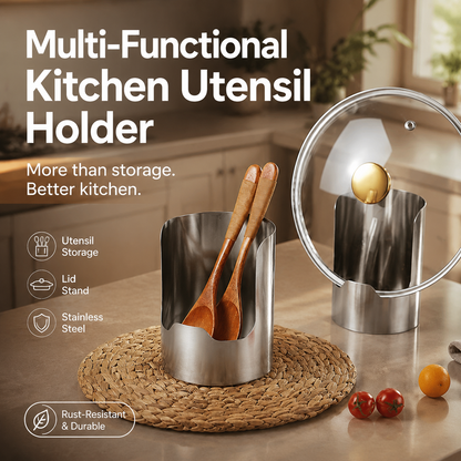 🏆 Last Day Special Price £8.99 ! 🔥Buy more save more🍳Multi‑Functional Kitchen Utensil Holder, Stainless Steel Organizer, for Spoons, Pot Lids & Cooking Gadgets, Countertop Kitchen Storage