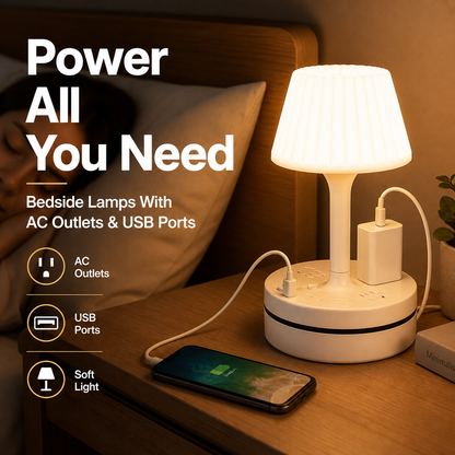 💡🔌 Bedside Lamp with USB & AC Outlets – 50% OFF! 3/4 AC, 2 USB, 1 Type-C – charge devices while you sleep. ⭐🏠