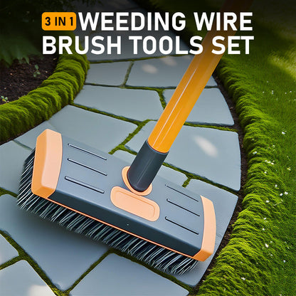 3 in 1 Weed Brush Garden Outdoor Patio Weeding Broom for Clearing Paths and Driveways Set Tool - Wire Brush Broom