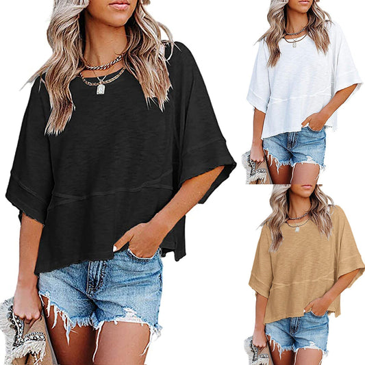 ☀️2026 HOT SALE 49% OFF💃🌸Women's Solid Color Splicing Loose Five Points Flare Sleeve T-Shirt