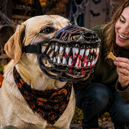 🎃50% OFF NOW ! 🐶Halloween Realistic Spoof Pet Muzzle – Scary Bloody Fangs Dog Costume Muzzle, Adjustable Funny Cosplay Accessory for Halloween Party