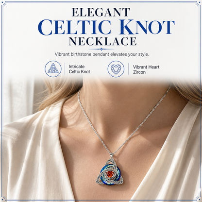 💎 Celtic Knot Birthstone Necklace: Heart Crystal, 12 Colors, Copper & Zircon, 45+5cm Chain