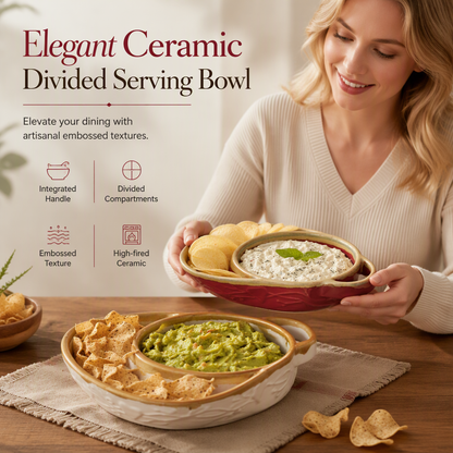 🍽️ Ceramic Divided Baking Dish: Oven-Safe, Single Handle, Vintage Embossed, Microwave Safe